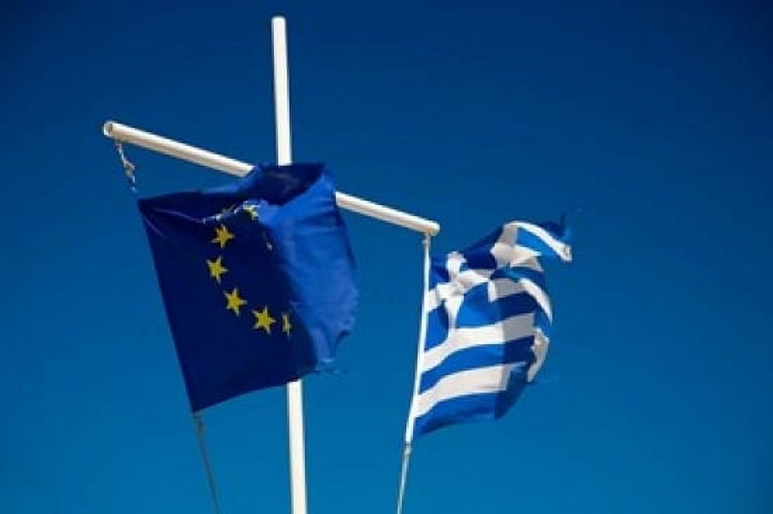 Greece Mykonos Hora harbor Union and Greek Flags Canvas Art - Darrell Gulin DanitaDelimont (17 x 11)