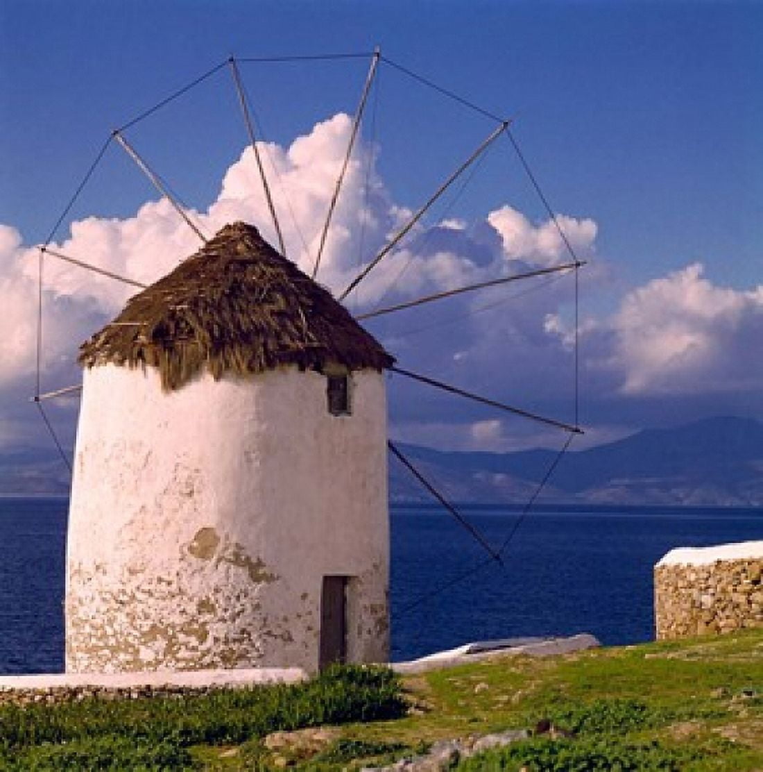 Greece Mykonos Windmill looks over Azure Sea Canvas Art - Ric Ergenbright DanitaDelimont (34 x 35)