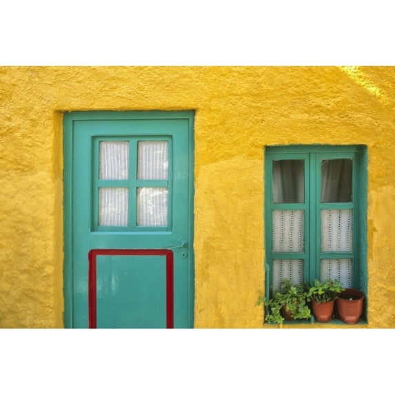 Greece Nissyros. Door and window of colorful house. Poster Print by Jaynes Gallery