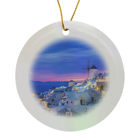 3drose, Greece, Oia. Greek Orthodox Church and Village at Sunset., Circle Porcelain Ornament