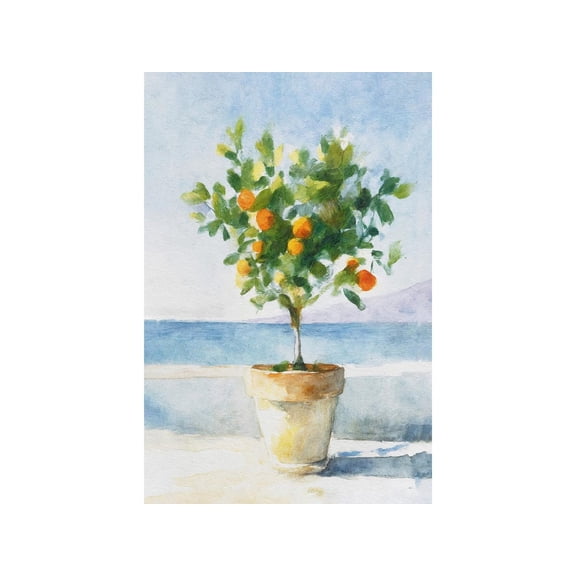 Greece Orange Tree Seascape Print, Unframed Paper Poster 8x10in