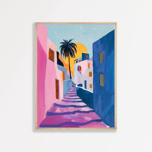 Greece Retro Wall Art, Minimalist Palm Tree Street Scene, Poster Only