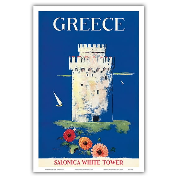 Greece - Salonica White Tower of Thessaloniki - Vintage Travel Poster by Boswell c.1952 - Master Art Print (Unframed) 12in x 18in