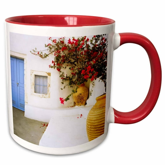 3drose, Greece, Santorini. Blue Door to House and Potted Flowers., 11oz Two-tone Red Mug