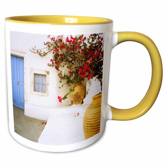 3drose, Greece, Santorini. Blue Door to House and Potted Flowers., 11oz Two-tone Yellow Mug