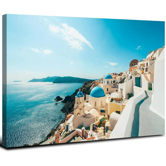 Greece Santorini Canvas Wall Art Framed European Modern City Wall Decor Artwork for Living Room Blue Ocean Skyline Picture White Cottage Landscape Poster Bedroom Kitchen Office Home Decoration 12x16