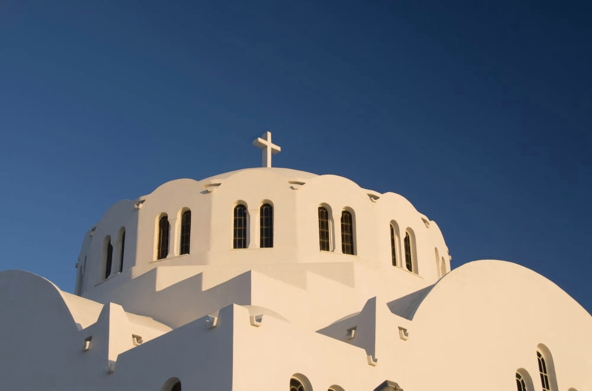 Greece Santorini Fira Architectural detail of a Greek Orthodox Chrurch and cross Canvas Art - Richard Maschmeyer Design Pics (38 x 24)