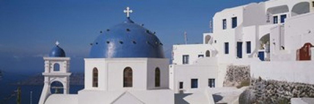 Greece Santorini Fira Church of Anastasis Blue dome on a Church Canvas Art - Panoramic Images (18 x 6)