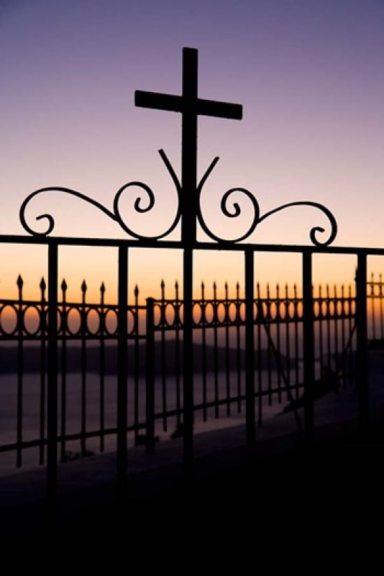 Greece Santorini Fira iron cross Christianity Canvas Art - Darrell Gulin DanitaDelimont (23 x 34)