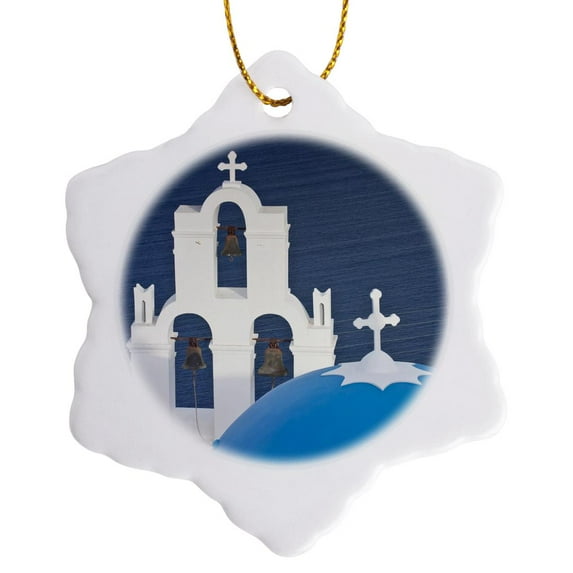 3drose, Greece, Santorini, Firostefani, Bell Tower, Domes - Eu12 Dgu0289 - Darrell Gulin, 3 inch Snowflake Porcelain Ornament