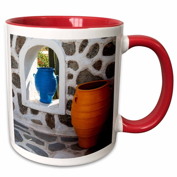 3drose, Greece, Santorini. Flower Pots Decorating a Courtyard, 11oz Two-tone Red Mug