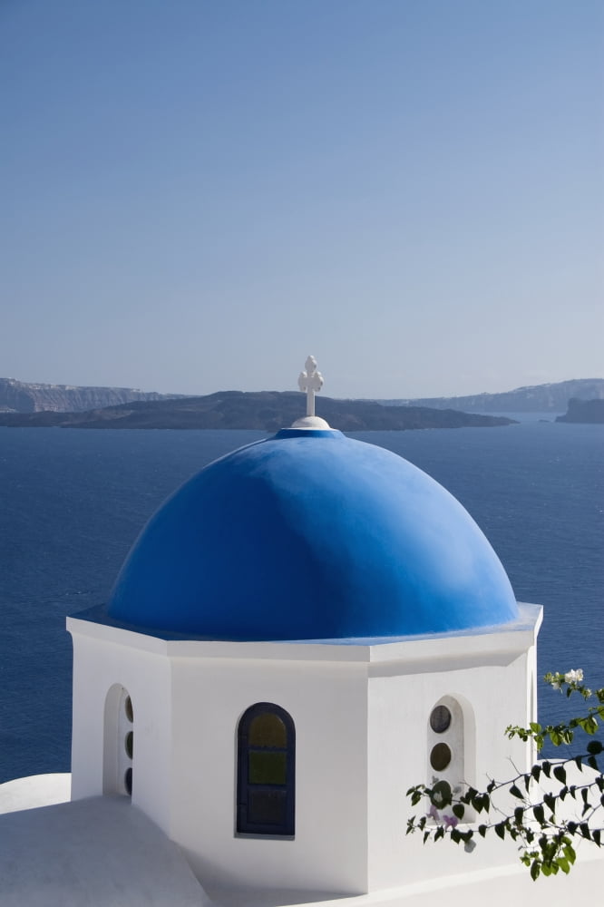 Greece Santorini Oia Architectural detail of Greek Orthodox Chrurch Island of Thirassia in the distance Canvas Art - Richard Maschmeyer  Design Pics (24 x 38)