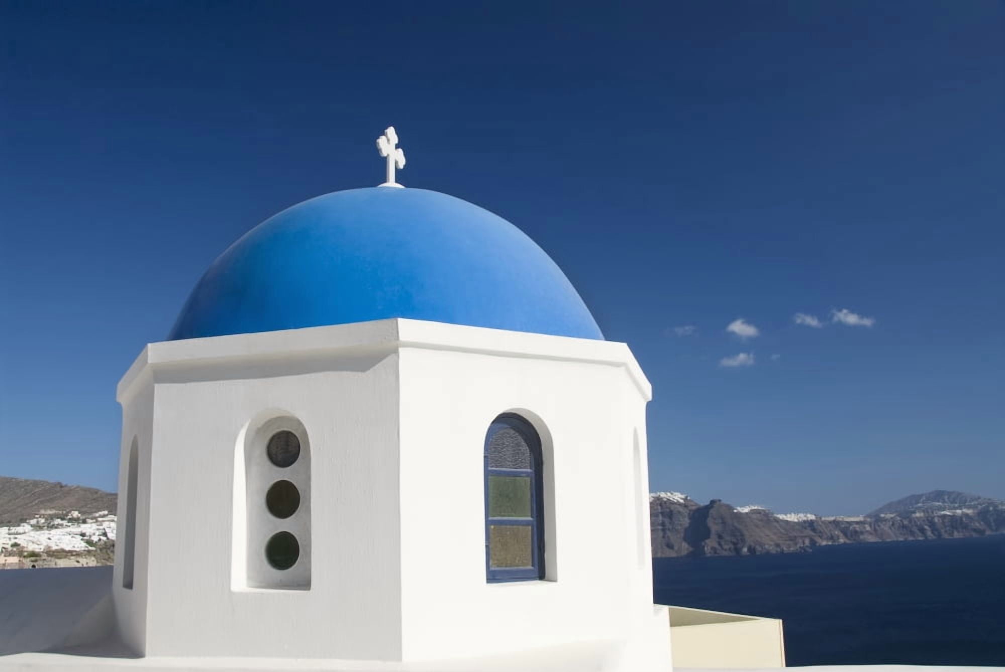 Greece Santorini Oia Architectural detail of Greek Orthodox Chrurch Island of Thirassia in the distance Canvas Art - Richard Maschmeyer Design Pics (36 x 24)