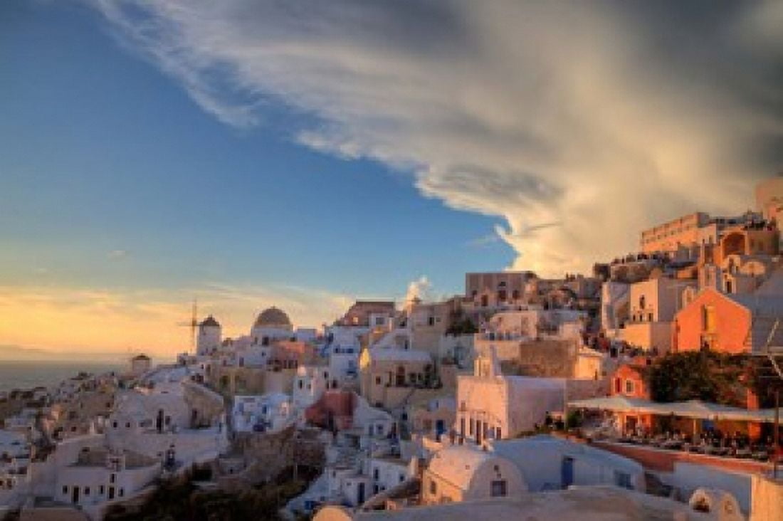 Greece Santorini Oia Colorful Buildings Canvas Art - Darrell Gulin DanitaDelimont (34 x 23)