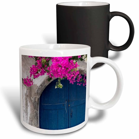 3drose, Greece, Santorini. Weathered Blue Door Framed by Pink Bougainvillea., 11oz Magic Transforming Mug
