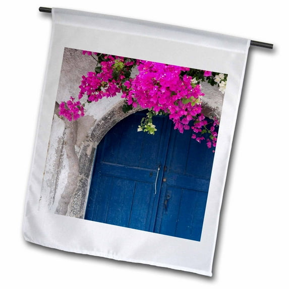 3dRose, Greece, Santorini. Weathered blue door framed by pink Bougainvillea., 12 x 18 inch Garden Flag