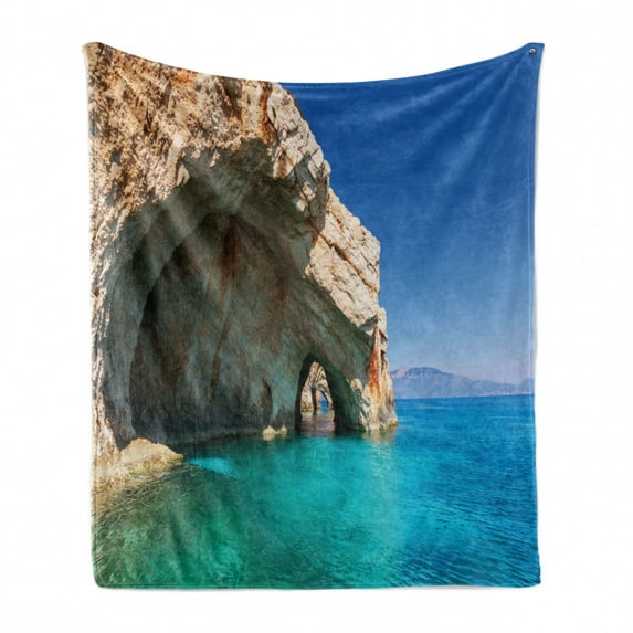 Greece Soft Flannel Fleece Blanket, Sea Cave on Zakynthos Island Greece Vacation Relaxing Seascape Coastline Picture, Cozy Plush for Indoor and Outdoor Use, 60" x 80", Tan Pale Blue, by Ambesonne