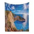thumbnail image 1 of Greece Soft Flannel Fleece Throw Blanket, Vivid Illustration of Navagio Beach Sunrise Zakynthos Island, Cozy Plush for Indoor and Outdoor Use, 70" x 90", Azure Blue White, by Ambesonne, 1 of 6