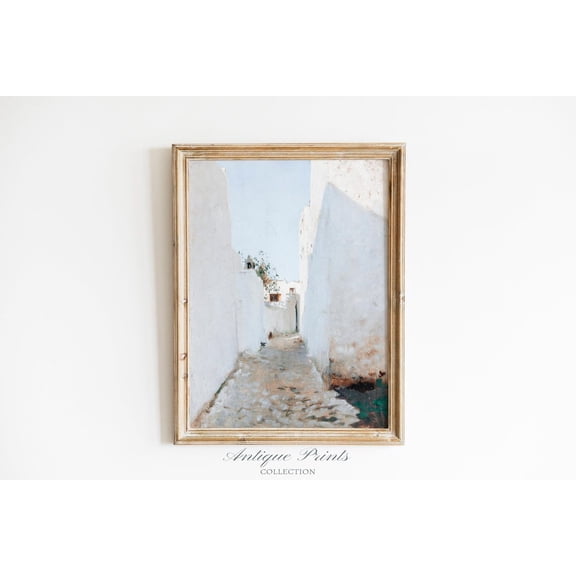 Greece Village Vintage, Antique Greece Streets Wall Art, Coastal Wall Decor, European s, Poster, Stretched Canvas Size 16x24