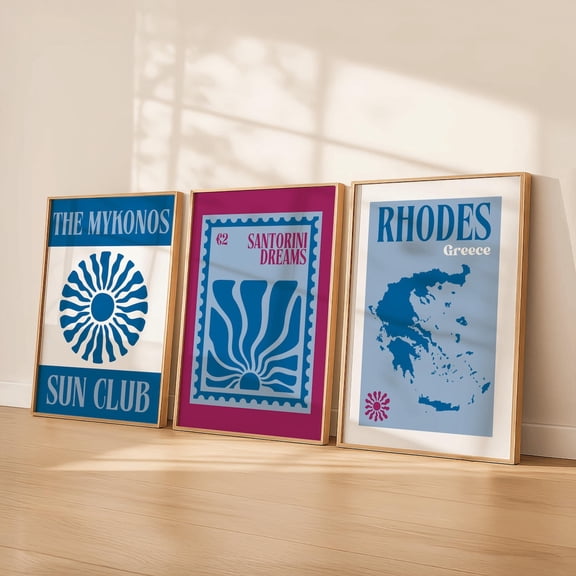 Greece Wall Art Mykonos Santorini Rhodes Retro Greek Islands Coastal Travel Decor Set 3 Unframed Paper Print 20x30