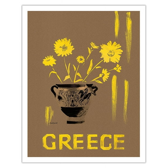 Greece - Yellow Daisy (Marguerite) Flowers In Grecian Urn - Vintage Travel Poster by L. Montessanti c.1950s - Fine Art Matte Paper Print (Unframed) 11x14in
