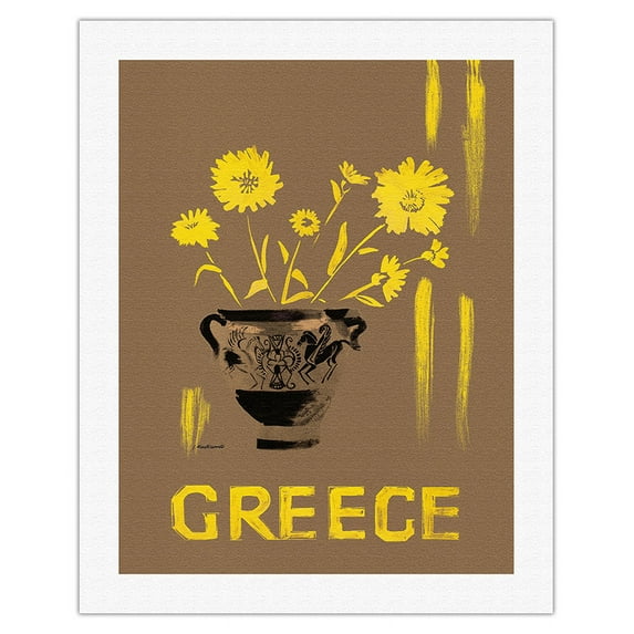 Greece - Yellow Daisy (Marguerite) Flowers In Grecian Urn - Vintage Travel Poster by L. Montessanti c.1950s - Fine Art Rolled Canvas Print 20in x 26in