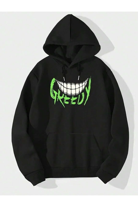Greedy Grin Print Men's Casual Letter Print Hoodie With Pocket