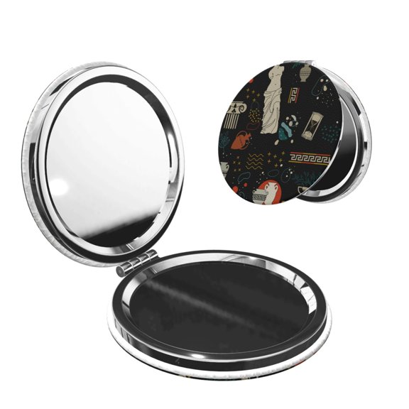 Greek Antique Statues Portable Double-Sided Face Mirror Round Shape, Magnifying Compact Pocket Mirror with PU Leather Cover