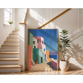 Greek Architecture Art Print Colourful Geometric Coastal Artwork Mediterranean Decor Aegean Sea View Greece Crete Rhodes Santorini Poster , Poster Print Only