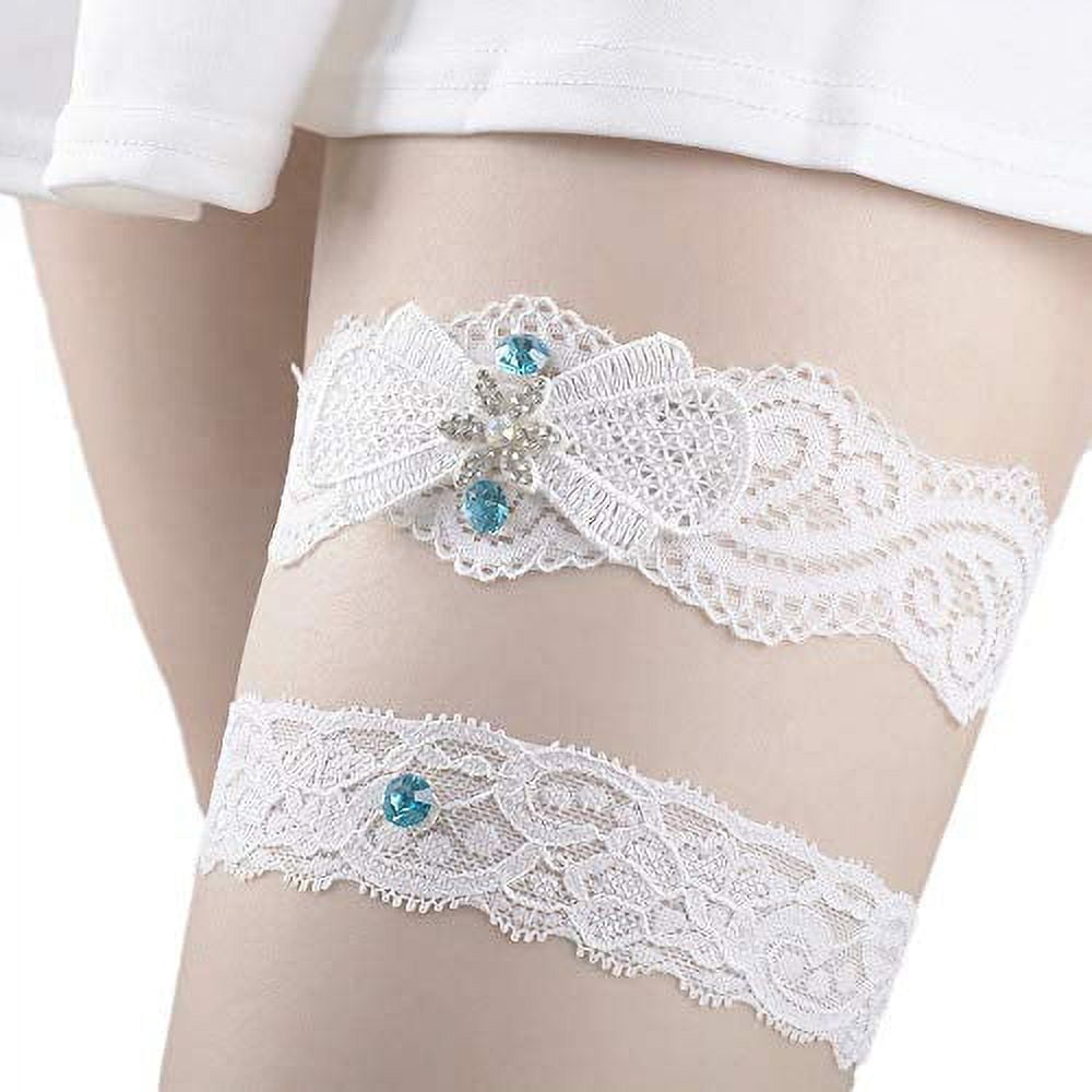 Wedding Garter Blue Set  Satin & Lace Bridal Garter Belt With Ribbon   Hand Wash Only Traditional Wedding Garter