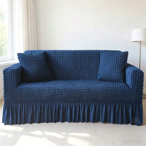 Greek Blue Non-Slip Elastic Skirted Sofa Cover - Full Coverage For 1 To 4 Seat Sofas, Living Room Decor