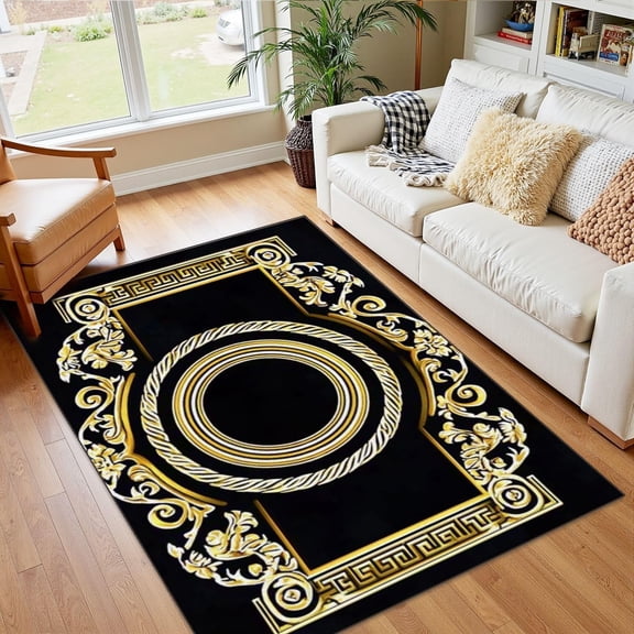 Greek Border Area Rug, Black Gold Motif Pattern Carpet, Washable Non Slip Low Pile Soft Thin, Living Room Bedroom Bathroom Home Decor Mat 5x6ft