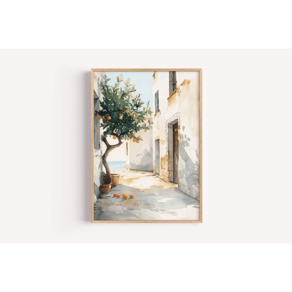 Greek Coastal Street Lemon Tree Print, Unframed Paper Poster 8x10in