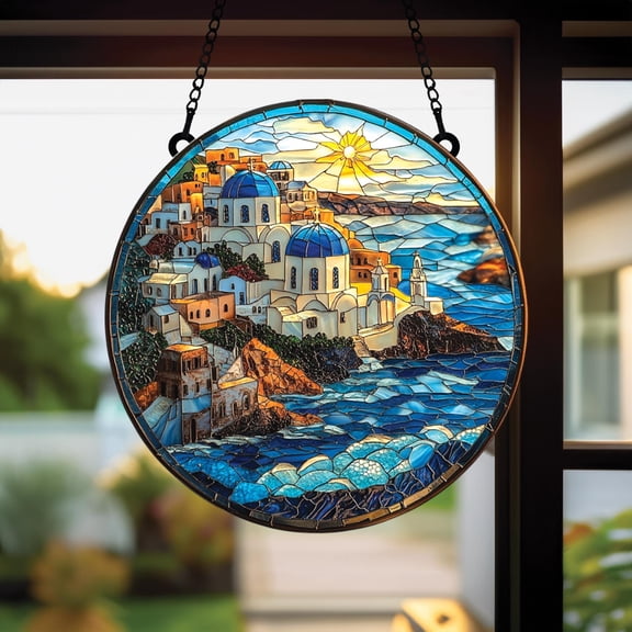 Greek Coastal Suncatcher with Santorini Homes, Acrylic Hanging Art with Blue Domes and Sea View, Summer Window Decor for Vacation Lovers