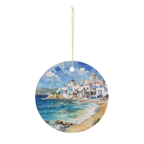 Greek Coastal Village Scene Christmas ornament, Christmas decoration, holiday present idea, heirloom keepsake, round ceramic, gift Exchange, bauble present, gift idea