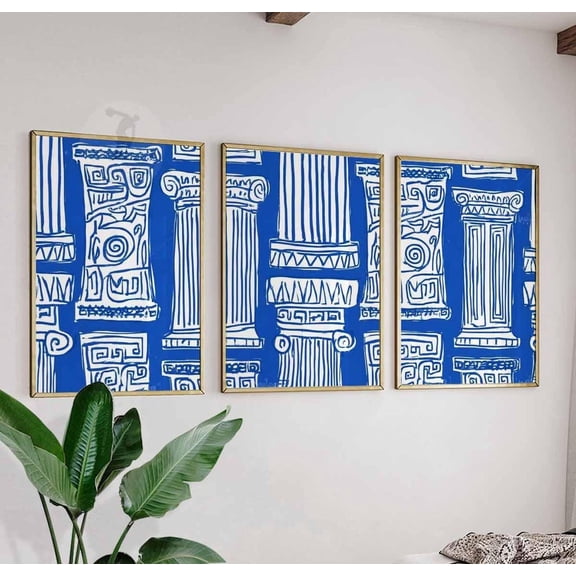 Greek Column Prints Blue White Architecture Trio Classical Wall Art Home Decor, Poster Only