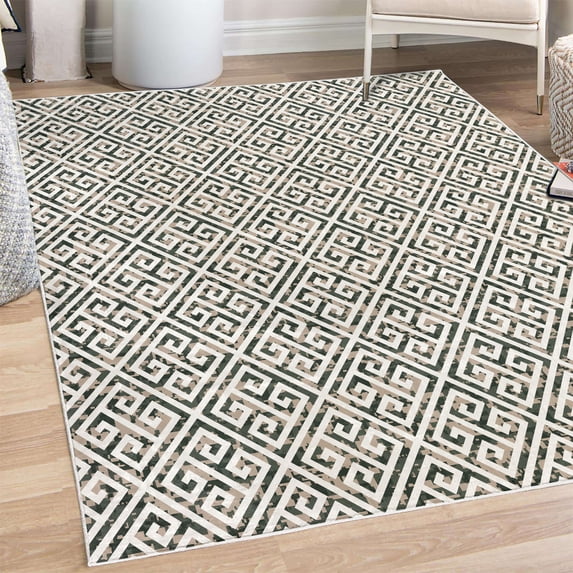 Greek Decorative Rug, Tile Mosaic Design Pattern in Antique Meander and Camo Design Effect Artwork Print, Quality Carpet for Bedroom Dorm and Living Room, 6 Sizes, Grey Teal, by Ambesonne