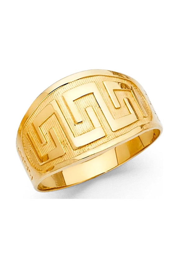 Greek Design Ring 14k Yellow Gold Tapered Band Diamond Cut Polished Finish Genuine Solid 11MM, Size 8