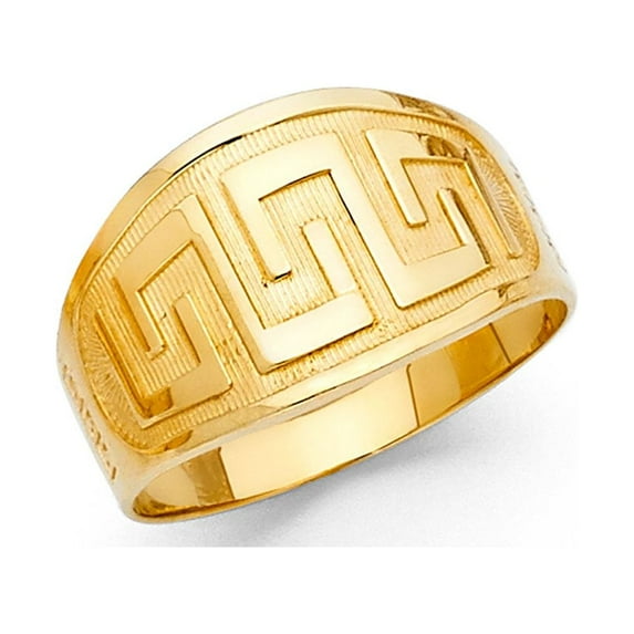 Greek Design Ring 14k Yellow Gold Tapered Band Diamond Cut Polished Finish Genuine Solid 11MM, Size 9