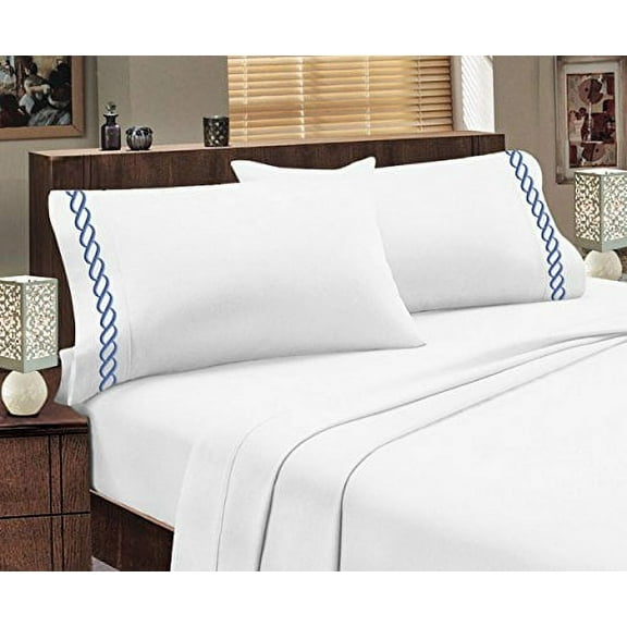 Greek Design Ultra Soft Egyptian Comfort Embroidery Sheet Set (Twin, White & Blue)