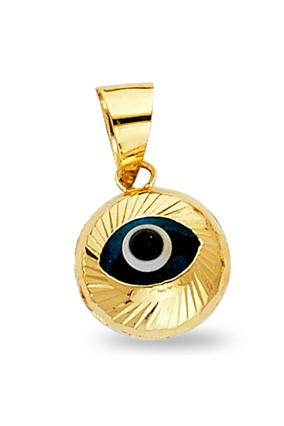 Greek Evil Eye Charm Solid 14k Yellow Gold Good Luck Pendant Fancy Diamond Cut New 11 x 10 mm