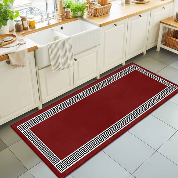 Greek Geometric Inspired Twist Line Rectangle Rug 2'x6' Abstract Key Pattern on Red Washable Area Rugs for Living Room Bedroom Entryway Non Slip Entrance Door Mat Indoor Floor Carpet