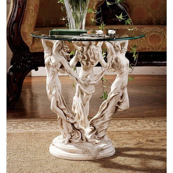 Greek Goddesses Glass-Topped Sculpture Statue Occasional Table