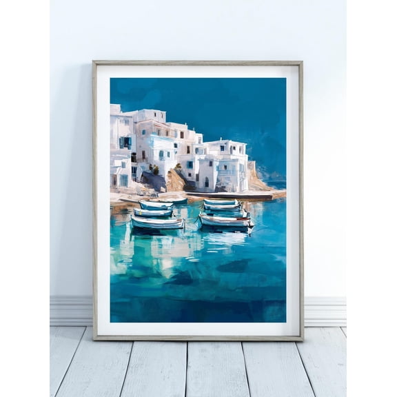 Greek Harbour Coastal Aegean Wall Art Print Home Decor, Unframed Paper Poster 8x10in