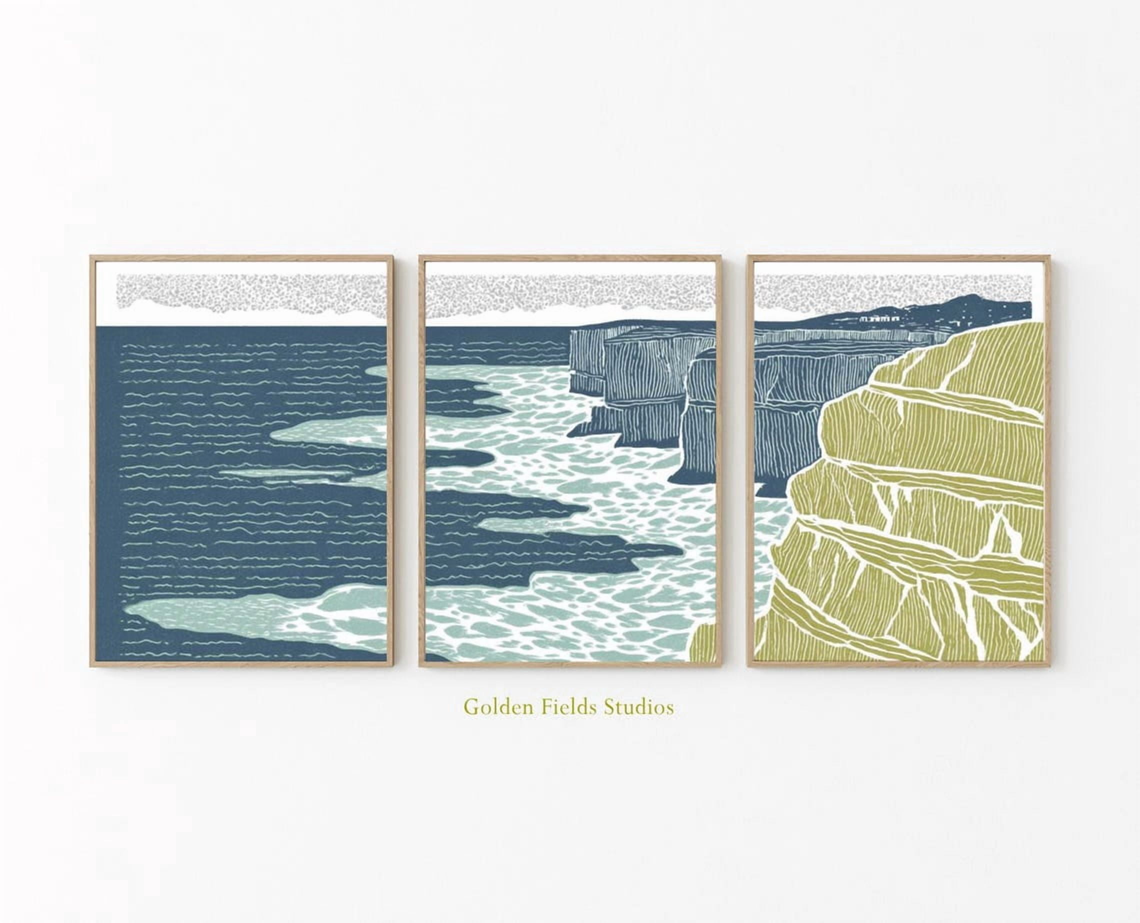Rep All Green Greek Island Cliff Wall Art Set Of 3, Blue Green Linocut Coastal ...