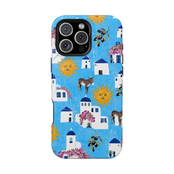 Greek Island Daydream Magnetic Tough Phone Case, Blue Coastal Tile Style Dual Layer Shockproof Cover Compatible with iPhone 14 Pro