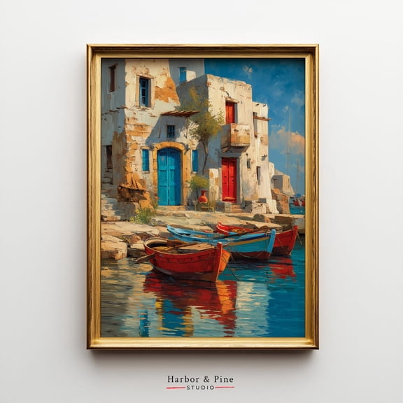 Greek Island Harbor Rustic Vintage Beach Decor Blue, Unframed Paper Poster 8x10in