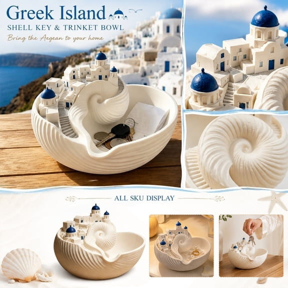 Greek Island Style Decorative Bowl – Shell-Shaped Key & Jewelry Organizer with 3D White-Washed Village Design for Entryway, Desk or Bathroom