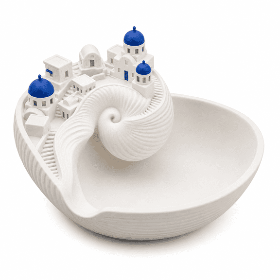 Greek Island Trinket Dish and Key Bowl, Decorative Plastic Jewelry Tray with White Buildings and Blue Domes for Entryway, Dresser, Bathroom and Desk