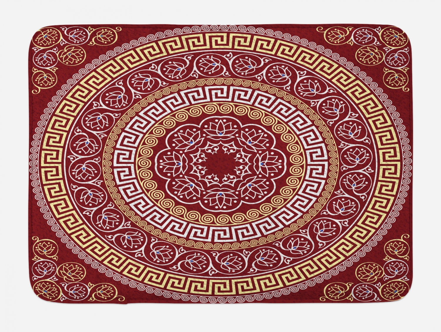 Greek Key Bath Mat, Round and Square Ornament Meander with Floral ...